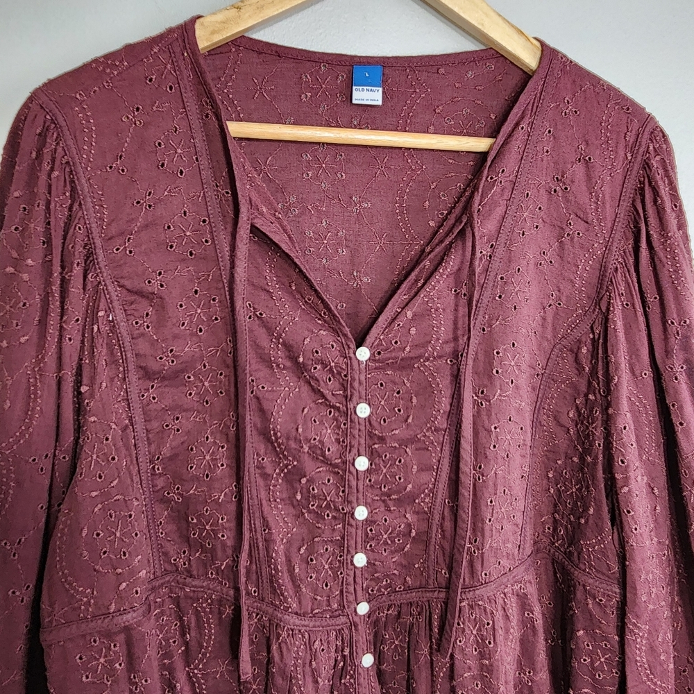 Burgundy Eyelet Top Size L  Babydoll Fairy Flowy - Picture 6 of 13